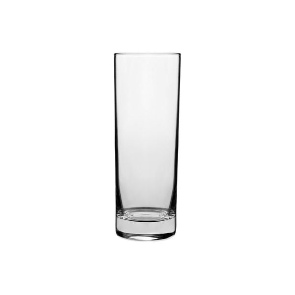 A clear highball glass with a straight-sided design on white background