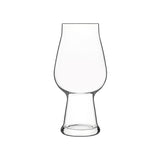 A clear, large tulip style beer glass on a white background