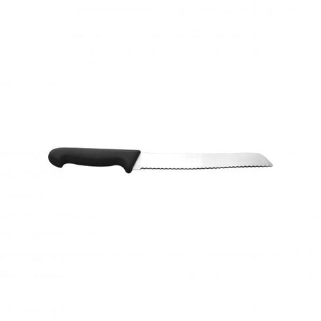 Rounded tip bread knife on white background