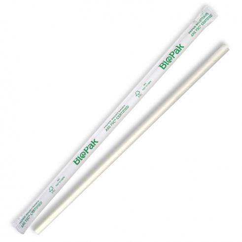 6mm individually wrapped straight straw - white from BioPak. Compostable, made out of FSC�� certified paper and sold in boxes of 1. Hospitality quality at wholesale price with The Flying Fork! 