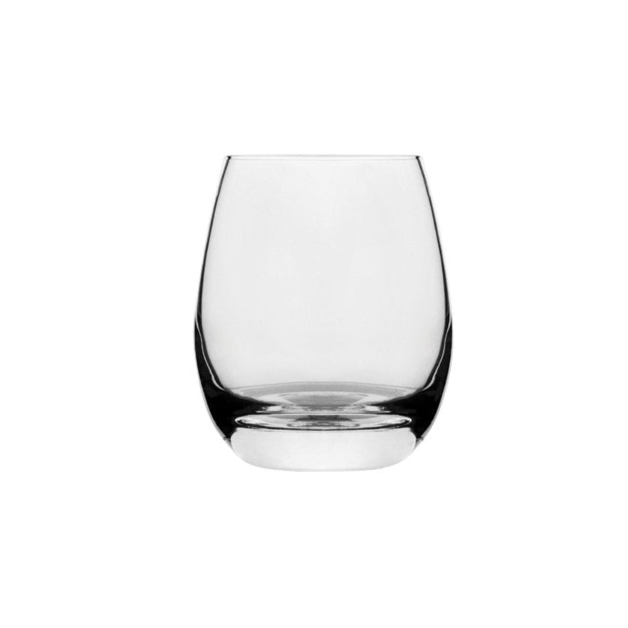 A medium sized concave styled stemless wine glass presented on a white background