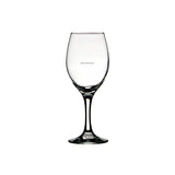 Clear white wine glass with pour line on white background