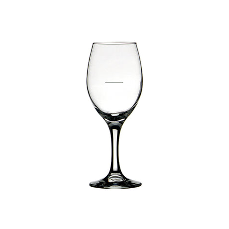 Clear white wine glass with pour line on white background