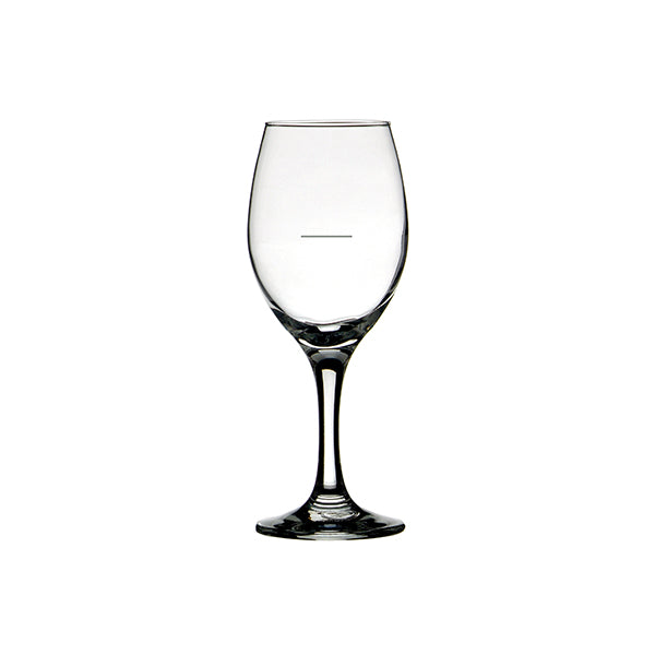 Clear white wine glass with pour line on white background