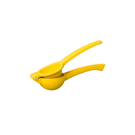 A yellow hand juicer designed for medium-sized citrus fruits, isolated on a white background.