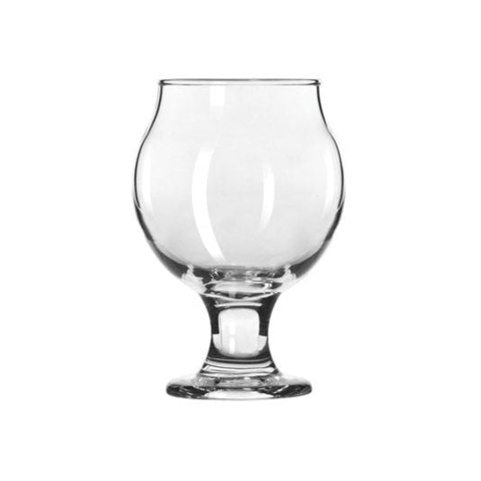 Clear Belgian style beer glass on white background