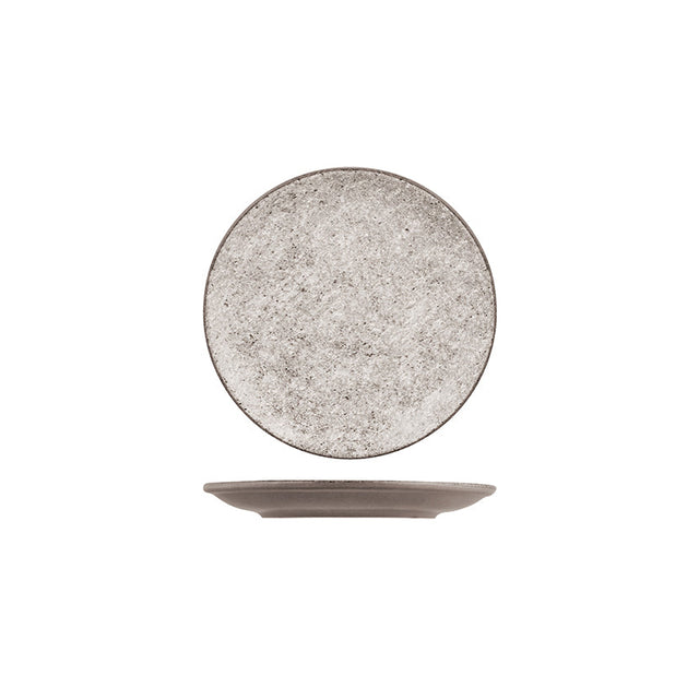 Grey speckled round coupe plate on white background