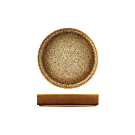 Side view of a medium sized brown stackable plate on a white background