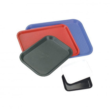 Five different coloured plastic trays on white background