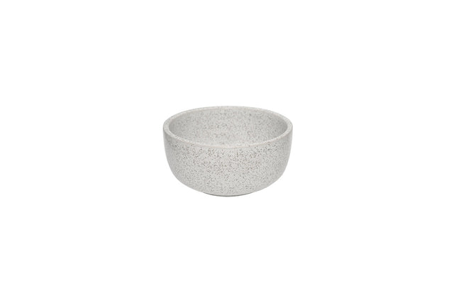 Small round bowl in a grey clay colouring on a white bakckground