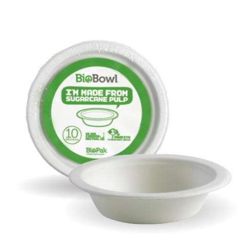 500ml bowls - 10pk, White from BioPak. Compostable, made out of Sugarcane Pulp and sold in boxes of 1. Hospitality quality at wholesale price with The Flying Fork! 
