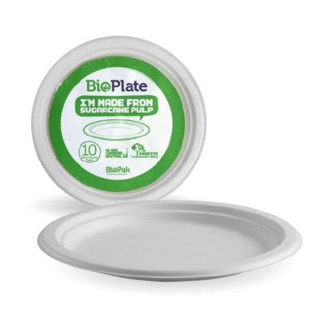 25cm plates - 10pk, White from BioPak. Compostable, made out of Sugarcane Pulp and sold in boxes of 1. Hospitality quality at wholesale price with The Flying Fork! 