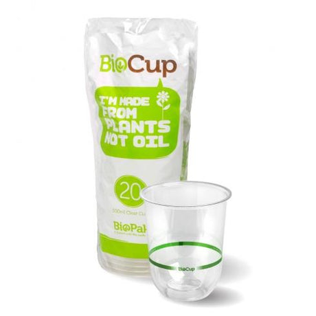 500ml clear tumbler cups - 20pk from BioPak. Compostable, made out of Bioplastic and sold in boxes of 1. Hospitality quality at wholesale price with The Flying Fork! 