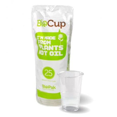 280ml clear cups - 25pk from BioPak. Compostable, made out of Paper and Bioplastic and sold in boxes of 1. Hospitality quality at wholesale price with The Flying Fork! 
