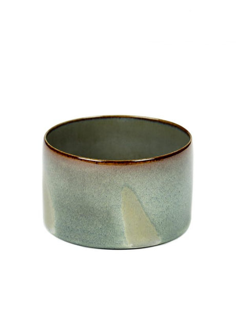 Small round ceramic bowl, misty grey colour on white background
