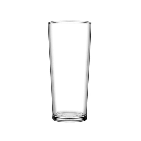 A small clear beer glass presented on a white background