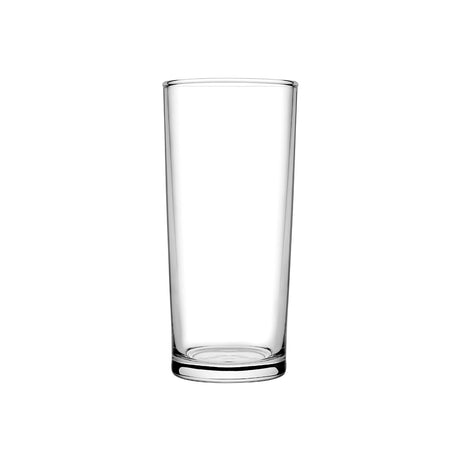 A tall, clear Pint glass presented on a white background