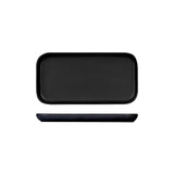Medium length black serving tray on white background