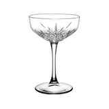 Clear champagne saucer on white background