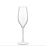 Clear champagne flute on white background