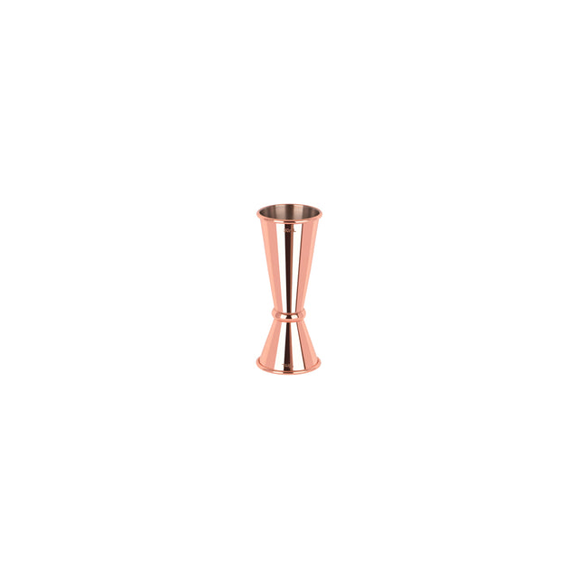 Rose coloured jigger with both 15ml and 30ml pour