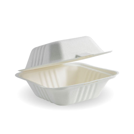 Biocane Clamshell - Square, Small, White (Box of 500) from BioPak. Compostable, made out of Sugarcane and sold in boxes of 1. Hospitality quality at wholesale price with The Flying Fork! 