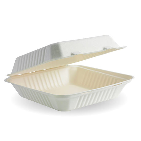 Biocane Clamshell - Square, Large, White (Box of 200) from BioPak. Compostable, made out of Sugarcane and sold in boxes of 1. Hospitality quality at wholesale price with The Flying Fork! 