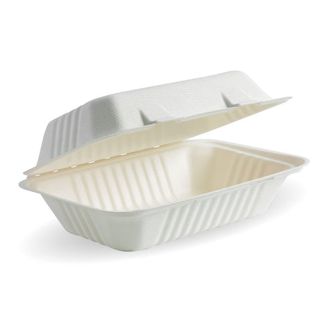 Biocane Clamshell - Rectangle, White (Box of 250) from BioPak. Compostable, made out of Sugarcane and sold in boxes of 1. Hospitality quality at wholesale price with The Flying Fork! 