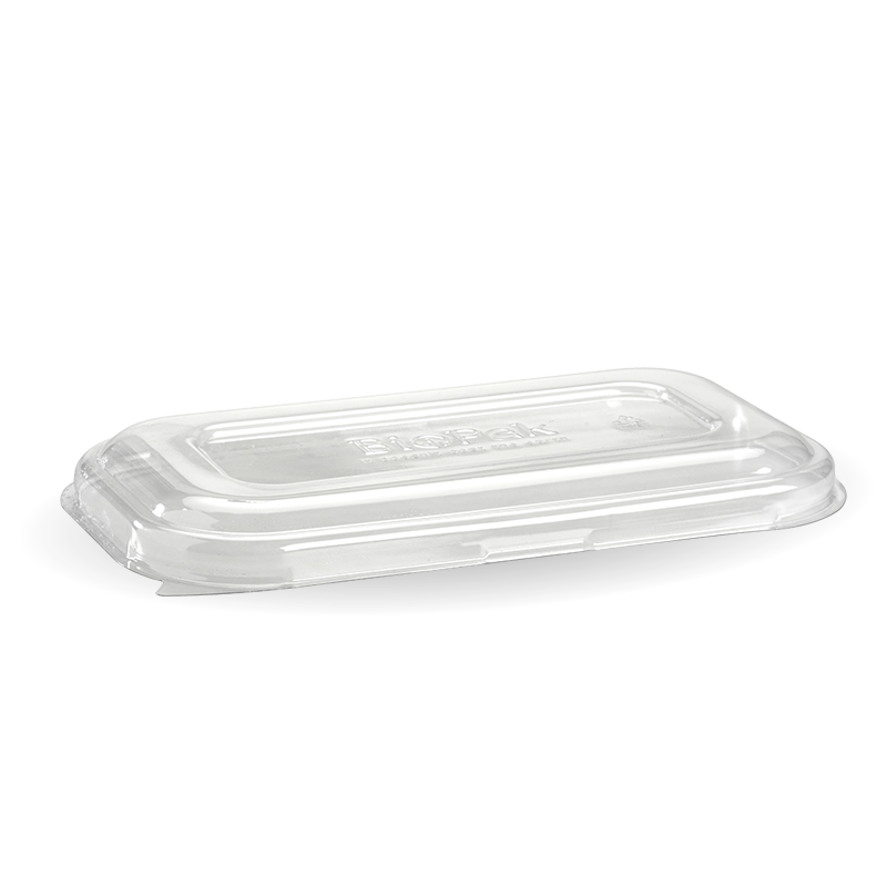 Lid to fit Rectangular Sugarcanne Containers Clear (Box of 500) from BioPak. Compostable, made out of PET Plastic and sold in boxes of 1. Hospitality quality at wholesale price with The Flying Fork! 