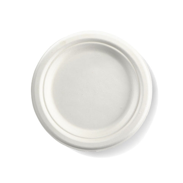 Medium Round Sugarcane Plate - White, 7 inches (Box of 1000) from BioPak. Compostable, made out of Sugarcane and sold in boxes of 1. Hospitality quality at wholesale price with The Flying Fork! 