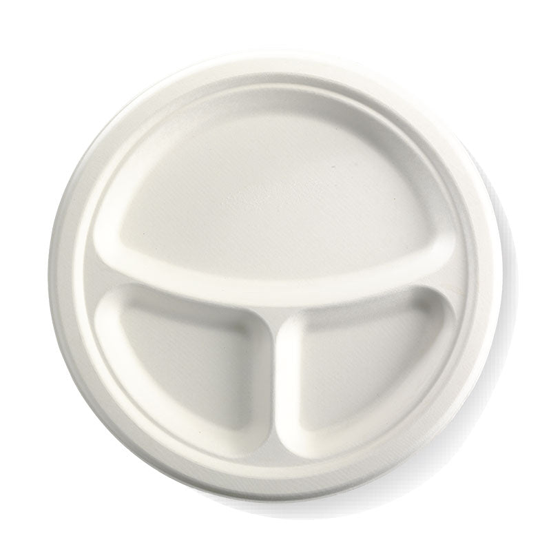 3 Compartment Round Sugarcane Plate - White, 10 inches (Box of 500) from BioPak. Compostable, made out of Sugarcane and sold in boxes of 1. Hospitality quality at wholesale price with The Flying Fork! 