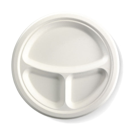 3 Compartment Round Sugarcane Plate - White, 10 inches (Box of 500) from BioPak. Compostable, made out of Sugarcane and sold in boxes of 1. Hospitality quality at wholesale price with The Flying Fork! 