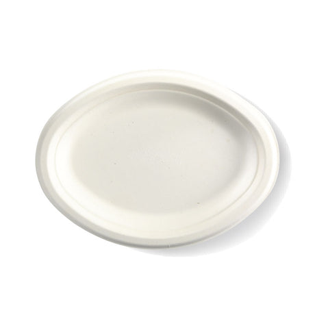 Small Oval Sugarcane Plate - White, 10.25x7.75 inches (Box of 500) from BioPak. Compostable, made out of Sugarcane and sold in boxes of 1. Hospitality quality at wholesale price with The Flying Fork! 