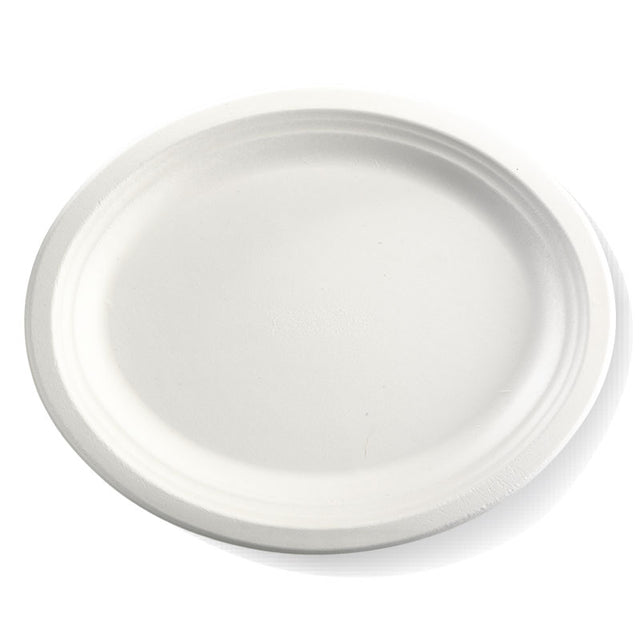 Medium Oval Sugarcane Plate - White, 12.5x10 inches (Box of 500) from BioPak. Compostable, made out of Sugarcane and sold in boxes of 1. Hospitality quality at wholesale price with The Flying Fork! 