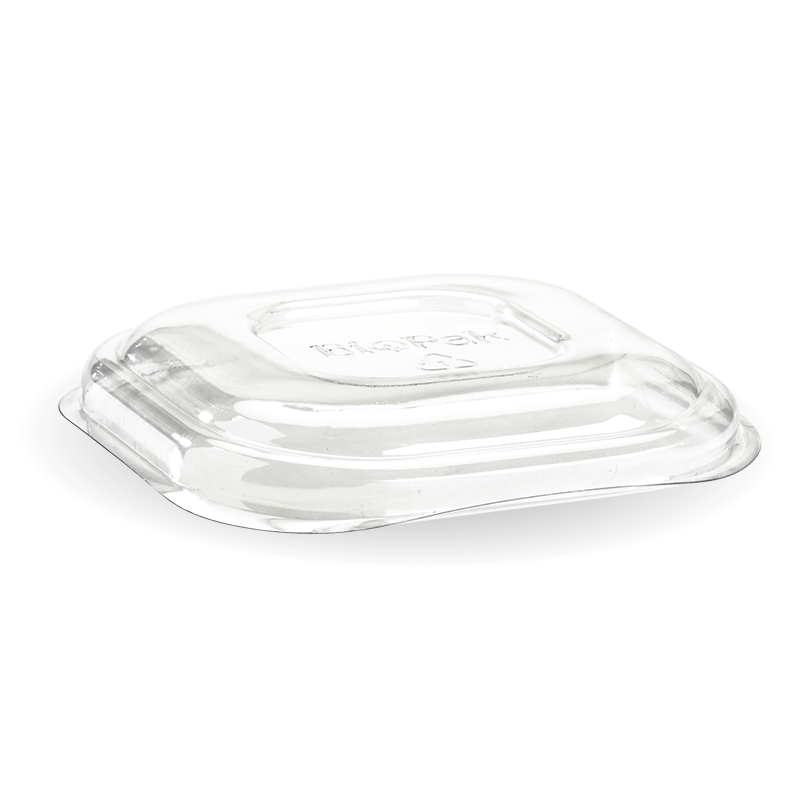 Lid to fit Square Sugarcanne Containers - Clear (Box of 600) from BioPak. Compostable, made out of PET Plastic and sold in boxes of 1. Hospitality quality at wholesale price with The Flying Fork! 