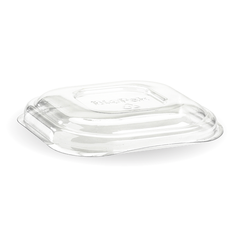 Lid to fit Square Sugarcanne Containers - Clear (Box of 600) from BioPak. Compostable, made out of PET Plastic and sold in boxes of 1. Hospitality quality at wholesale price with The Flying Fork! 