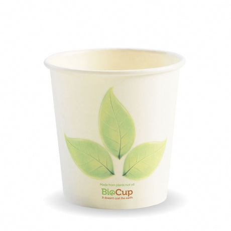 Biocup Single Wall - Leaf Print, 4oz (Box of 2000) from BioPak. Compostable, made out of Paper and Bioplastic and sold in boxes of 1. Hospitality quality at wholesale price with The Flying Fork! 