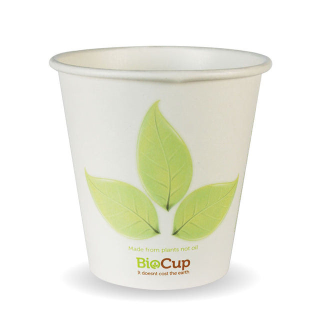 Biocup Single Wall - Leaf Print, 6oz (Box of 1000) from BioPak. Compostable, made out of Paper and Bioplastic and sold in boxes of 1. Hospitality quality at wholesale price with The Flying Fork! 