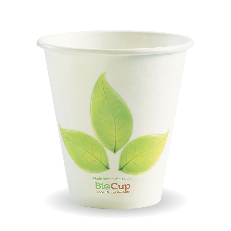 Biocup Single Wall - Leaf Print, 8oz, 90mm (Box of 1000) from BioPak. Compostable, made out of Paper and Bioplastic and sold in boxes of 1. Hospitality quality at wholesale price with The Flying Fork! 