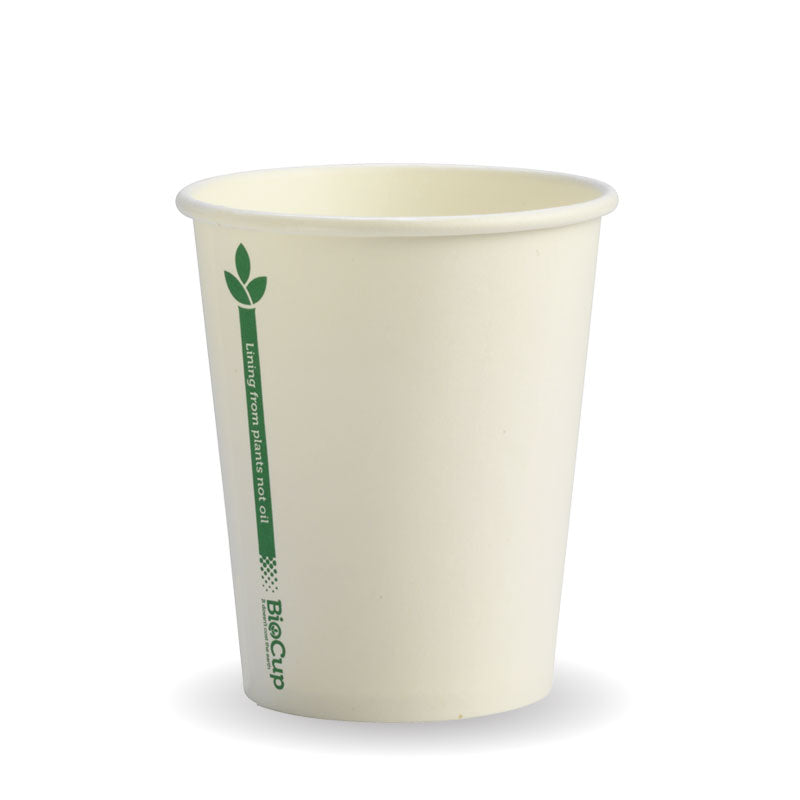 Biocup Single Wall - White with Green Line, 8oz (Box of 1000) from BioPak. Compostable, made out of Paper and Bioplastic and sold in boxes of 1. Hospitality quality at wholesale price with The Flying Fork! 