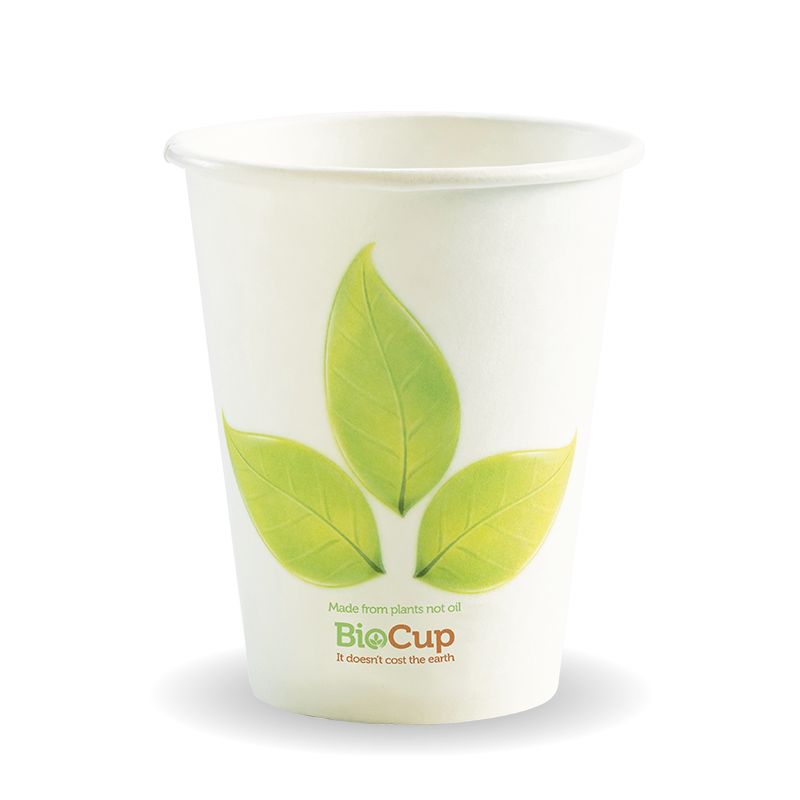 Biocup Single Wall - Leaf Print, 8oz (Box of 1000) from BioPak. Compostable, made out of Paper and Bioplastic and sold in boxes of 1. Hospitality quality at wholesale price with The Flying Fork! 