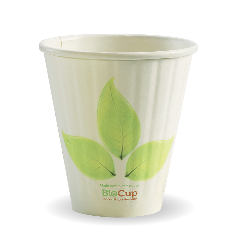 Biocup Double Wall - Leaf Print, 8oz, 90mm (Box of 1000) from BioPak. Compostable, made out of Paper and Bioplastic and sold in boxes of 1. Hospitality quality at wholesale price with The Flying Fork! 