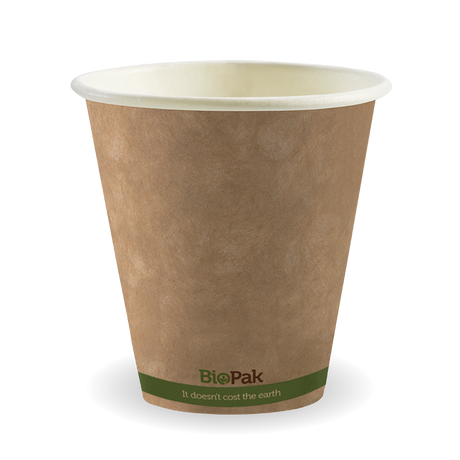 Biocup Single Wall - Kraft with Green Stripe, 8oz, 90mm (Box of 1000) from BioPak. Compostable, made out of Paper and Bioplastic and sold in boxes of 1. Hospitality quality at wholesale price with The Flying Fork! 