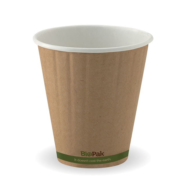 Biocup Double Wall - Kraft with Green Stripe, 8oz, 90mm (Box of 1000) from BioPak. Compostable, made out of Paper and Bioplastic and sold in boxes of 1. Hospitality quality at wholesale price with The Flying Fork! 