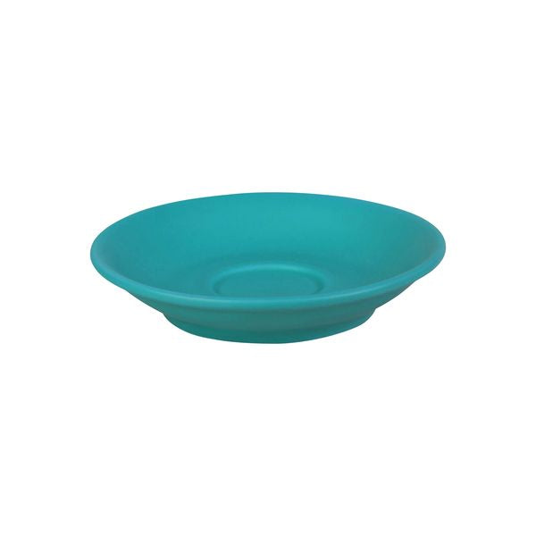 A regular sized blue Saucer presented on a white background