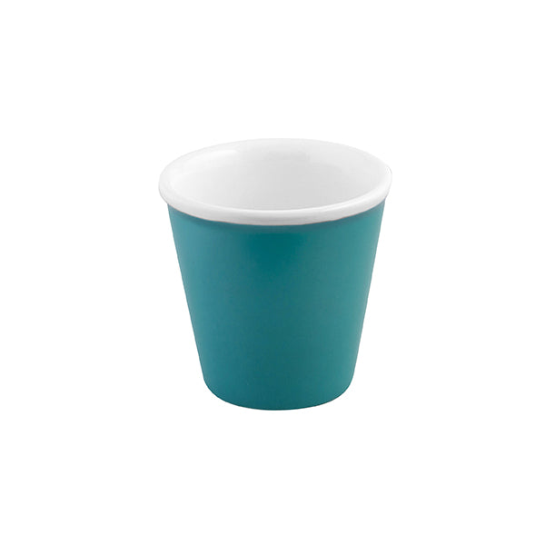 A small blue coloured Espresso Cup with a white inner on a white background