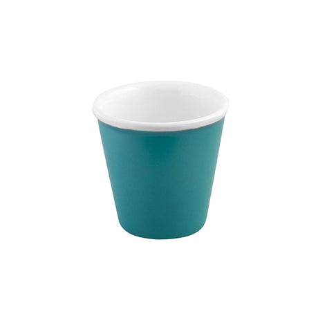 A small blue coloured Espresso Cup with a white inner on a white background