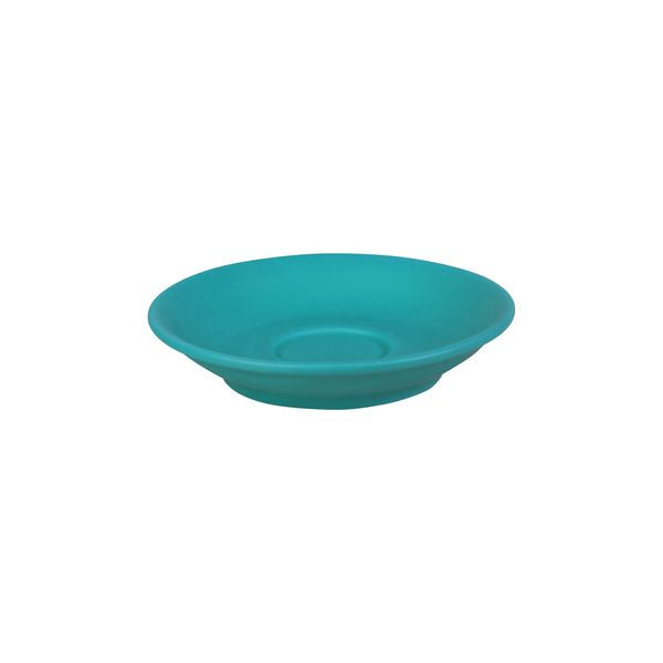 An aqua coloured small saucer to match a espresso cup on a white background
