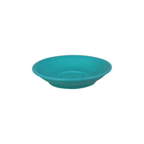 An aqua coloured small saucer to match a espresso cup on a white background