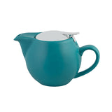 A smaller sized aqua coloured Teapot with a stainless steel lid presented on a white background
